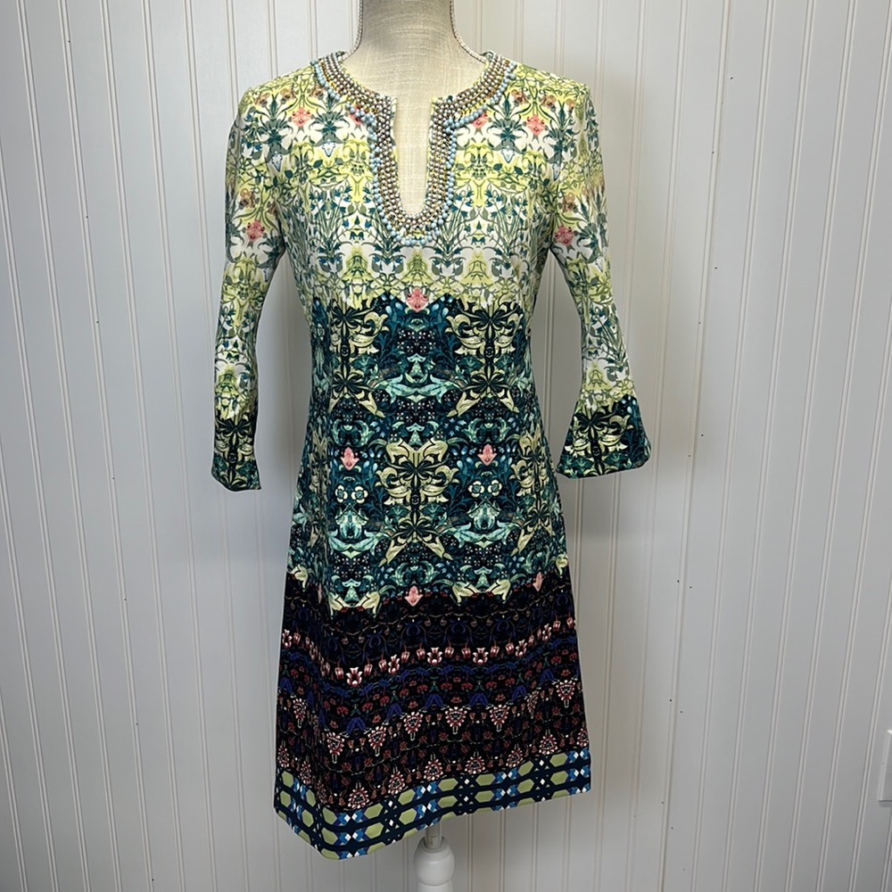 Just Taylor Garden Party Beaded Neckline Trumpet Sleeve‎ Sheath Dress Sz 4